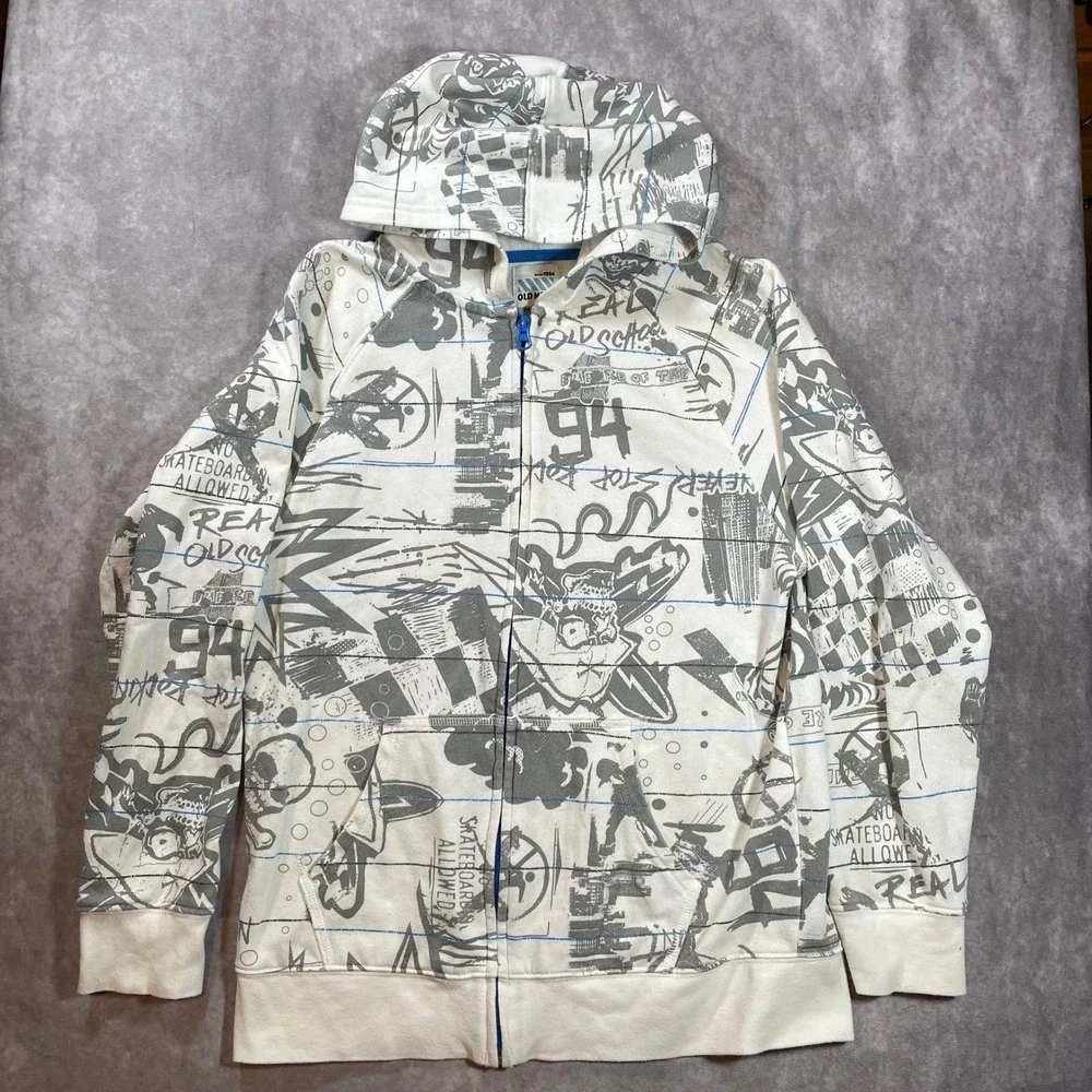 Y2K Old Navy Boys Large Graffiti Sketchbook Zip Up Hoodie White Grey Skate Skul